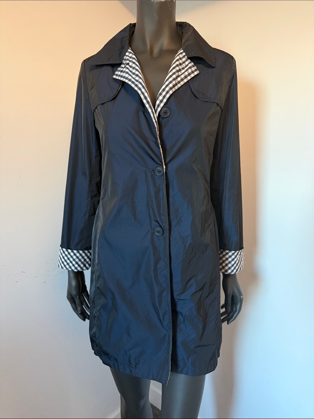 410. Cinzia Rocca Navy Lightweight Trench Coat Check Lining Size 8